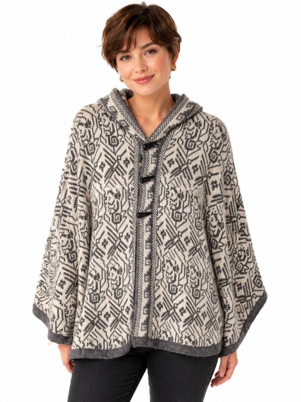 Umbre Bolivian 100% Alpaca Grey White Hooded Poncho